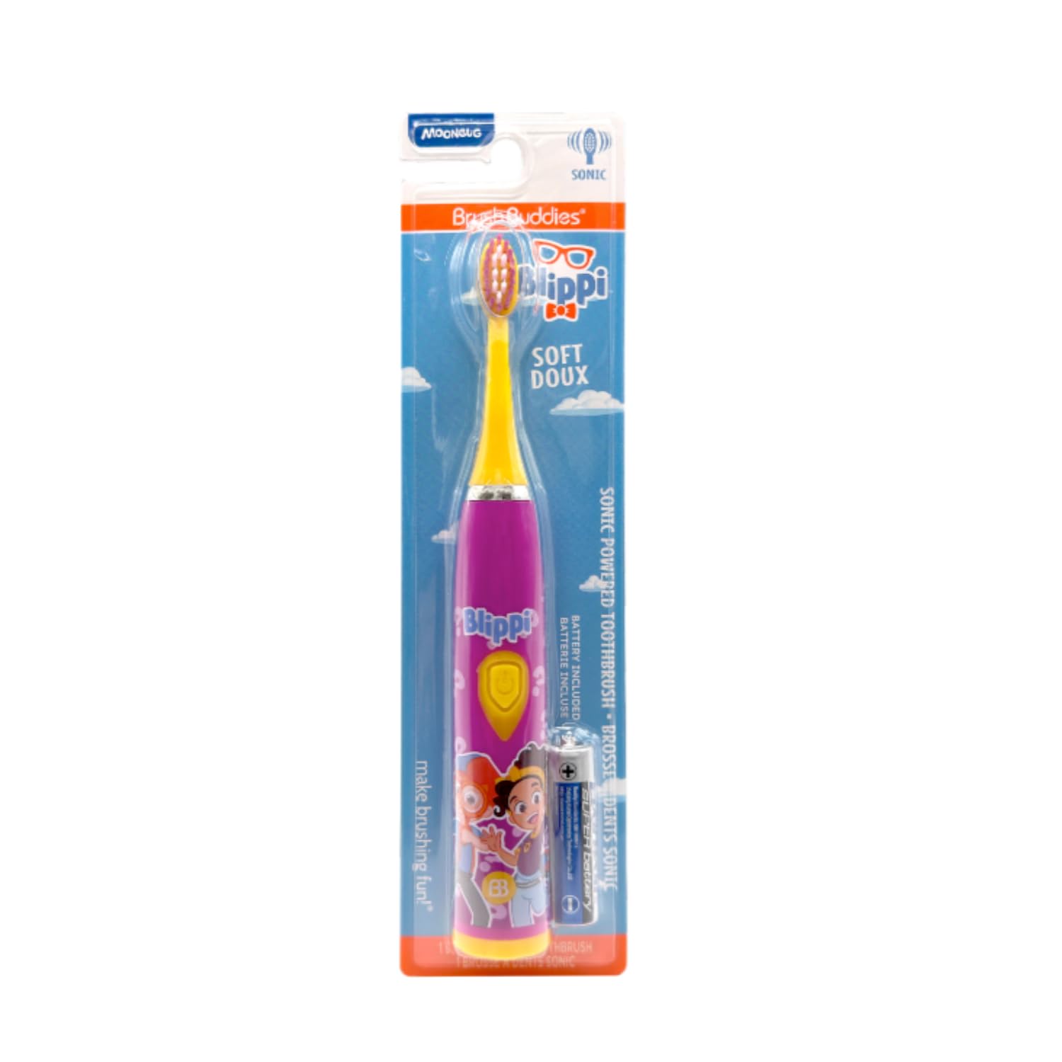 Brush Buddies Blippi Electric Toothbrush for Kids, Battery Powered Sonic Toothbrush, Soft Bristles, Children’s Toothbrush for Boys & Girls, Toddler Oral Care, Blippi Character Design (Purple)