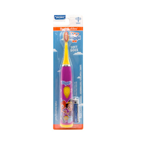 Brush Buddies Blippi Electric Toothbrush for Kids, Battery Powered Sonic Toothbrush, Soft Bristles, Children’s Toothbrush for Boys & Girls, Toddler Oral Care, Blippi Character Design (Purple)