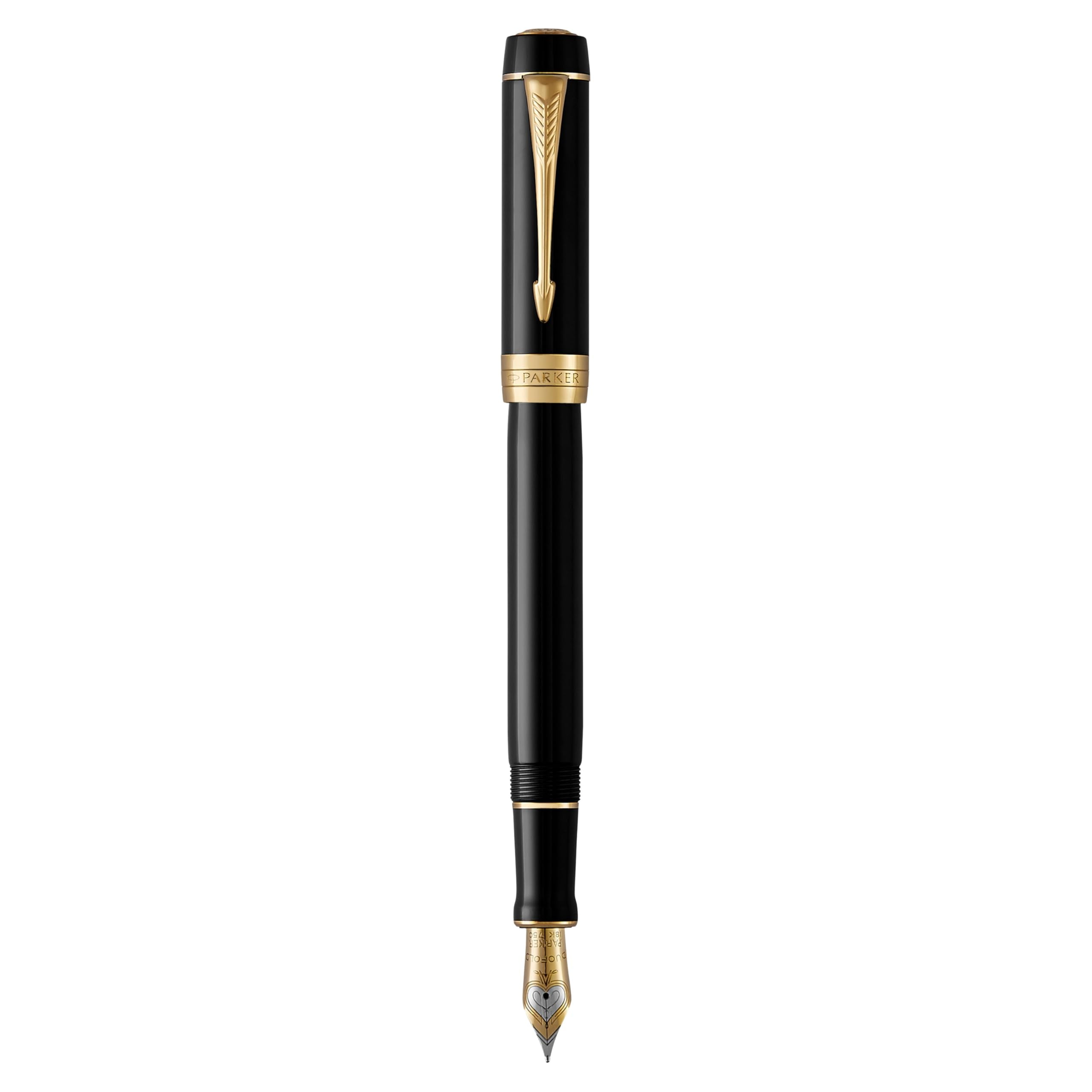PARKER Duofold Centennial Fountain Pen, Classic Black with Gold Trim, Fine Solid Gold Nib, Black Ink and Convertor (1931381)