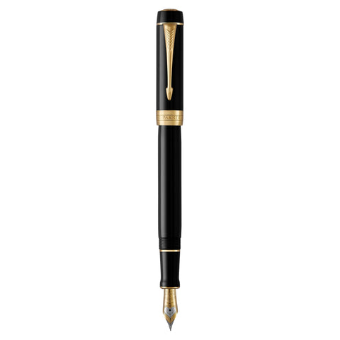 PARKER Duofold Centennial Fountain Pen, Classic Black with Gold Trim, Fine Solid Gold Nib, Black Ink and Convertor (1931381)