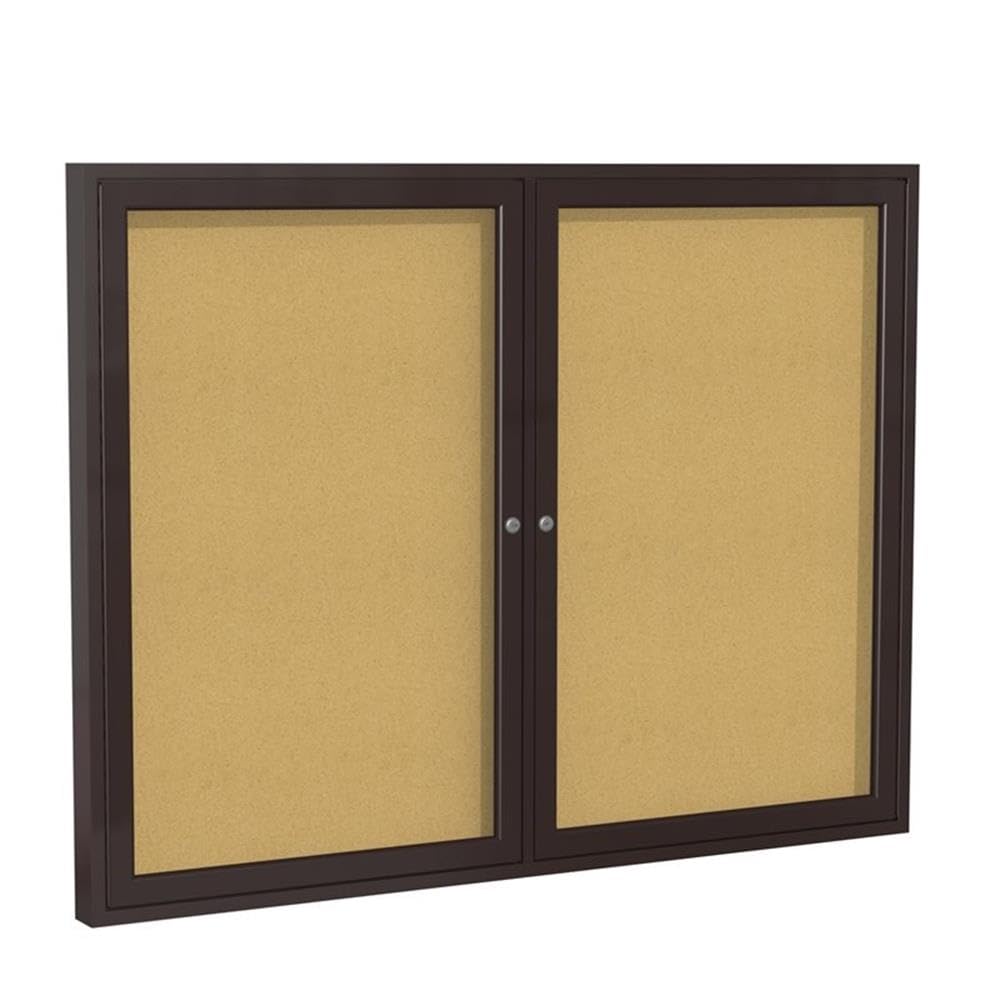 Ghent 3" x 4" 2-Door indoor Enclosed Bulletin Board , Shatter Resistant, with Lock, Bronze Aluminum Frame - Natural Cork (PB234K) Made in the USA