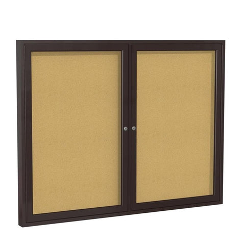 Ghent 3" x 4" 2-Door indoor Enclosed Bulletin Board , Shatter Resistant, with Lock, Bronze Aluminum Frame - Natural Cork (PB234K) Made in the USA