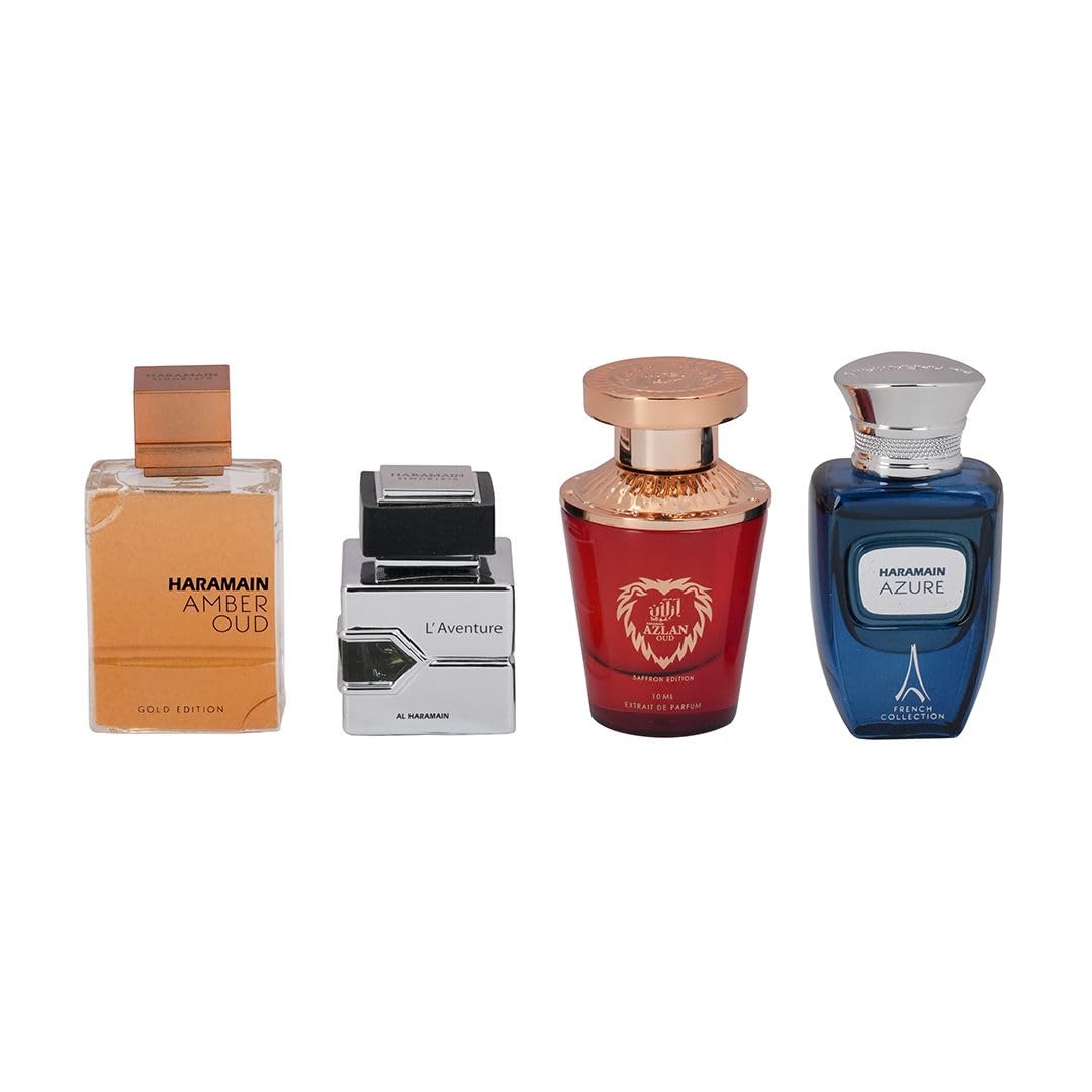 Al Haramain Fragrance Discovery Set for Men & Women – 4×10ml Perfume Gift Set (Amber Oud Gold Edition, L’Aventure, Azlan Oud Saffron, Azure)