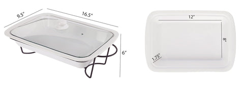 Le Regalo Stoneware 3-Piece Baking Dish, Glass Lid and Metal Stand, Bake and Server Food Warmer Set, Oven, Dishwasher and Freezer