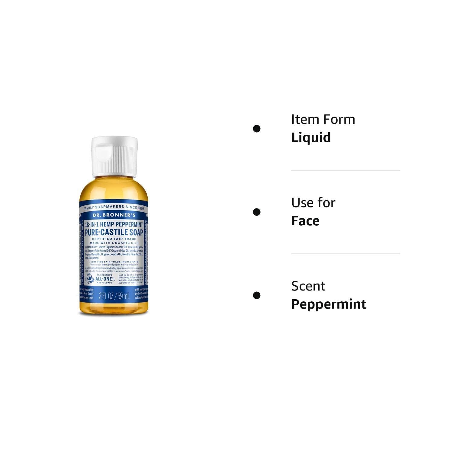 Dr. Bronner's Liquid Organic Castile Soap Peppermint 2oz All-Purpose (6-Pack)