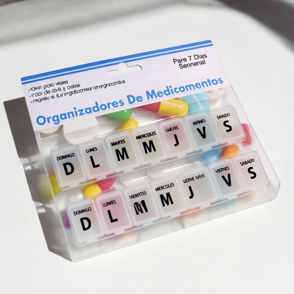 Pill Organizer 7 Day Weekly Pill Case – Large Pill Box with 7 Compartments – Holds Up to 100 Pills – Spanish Language Labels