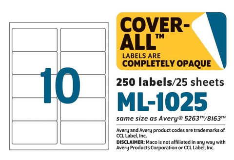 MACO Laser/Ink Jet White COVER-ALL Shipping Labels, 2" x 4", 10 per Sheet, 250 per Pack (ML-1025)