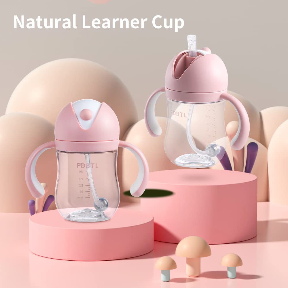 FDBTL Baby Straw Cup Soft Spout Sippy Cups Learner Cup with Removable Handles, Leak-Proof, Spill-Proof, A Straw Brush, Break-Proof Cups for Toddlers Infant (Pink 9oz)