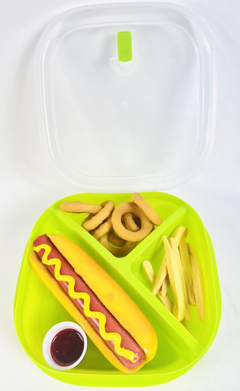 Set of 4 - Microwave Food Storage Containers, Meal Prep Box, Bento Boxes - 3 Section/Compartment Divided Plates w/Vented Lid BPA Free