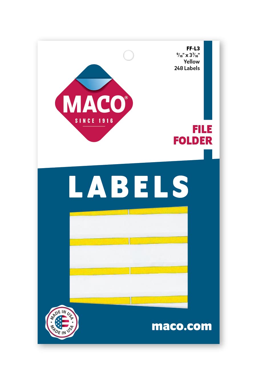 Maco Yellow File Folder Labels, 9/16 x 3-7/16 Inches, 248 Per Box (FF-L3)