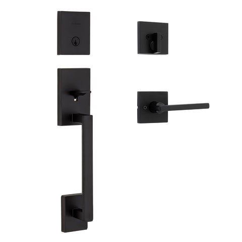 Kwikset San Clemente Front Door Lock Handle and Deadbolt Set, Entry Handleset Exterior with Interior Reversible Lever, Matte Black, Pick Resistant SmartKey Rekey Deadbolt Security