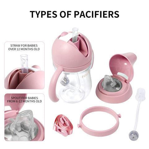 FDBTL Baby Straw Cup Soft Spout Sippy Cups Learner Cup with Removable Handles, Leak-Proof, Spill-Proof, A Straw Brush, Break-Proof Cups for Toddlers Infant (Pink 9oz)