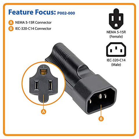 Tripp Lite Power Cord Adapter (NEMA 5-15R to C14 Adapter), 10A, 125V, Black (P002-000)