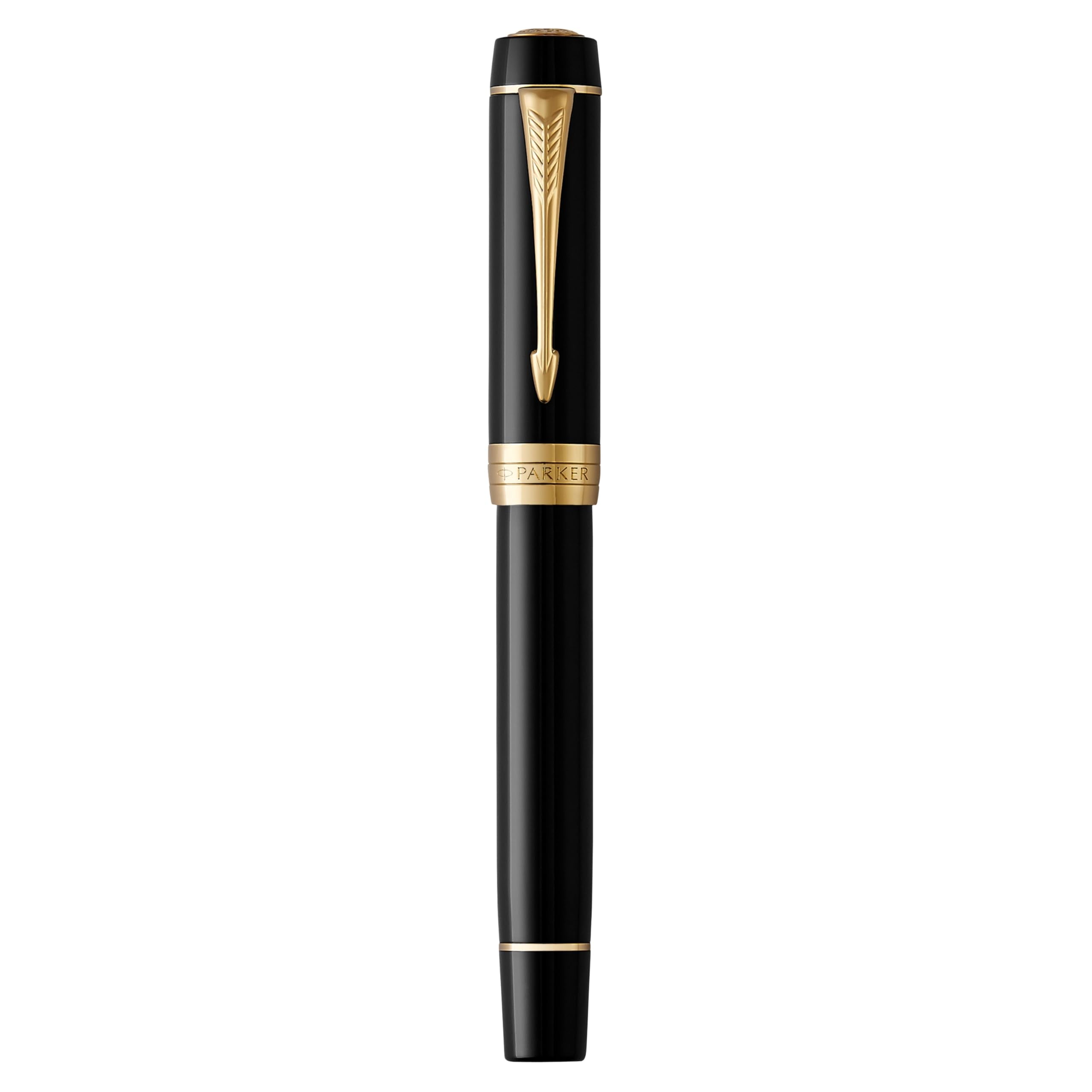 PARKER Duofold Centennial Fountain Pen, Classic Black with Gold Trim, Fine Solid Gold Nib, Black Ink and Convertor (1931381)