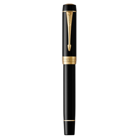 PARKER Duofold Centennial Fountain Pen, Classic Black with Gold Trim, Fine Solid Gold Nib, Black Ink and Convertor (1931381)