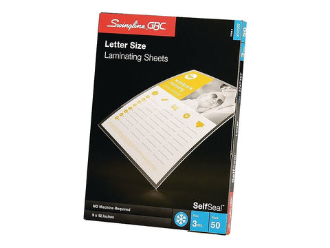 GBC Swingline Laminating Sheets, Self Adhesive Pouches, Letter Size, Glossy, 3 Mil, Self Seal, 50 Pack (3747307)