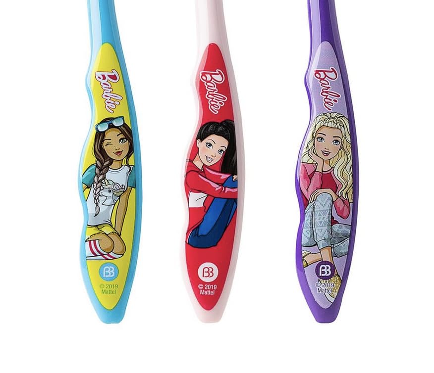 Brush Buddies Barbie Manual Toothbrushes for Kids 3 Pack Soft Bristled Children’s Toothbrushes with Fun Pink Multi Colored Designs Anti Slip Grip Handles Perfect for Toddlers Home Use or Travel