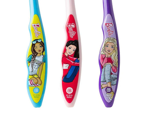Brush Buddies Barbie Manual Toothbrushes for Kids 3 Pack Soft Bristled Children’s Toothbrushes with Fun Pink Multi Colored Designs Anti Slip Grip Handles Perfect for Toddlers Home Use or Travel
