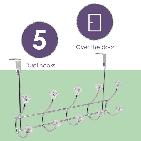 Home Basics 5 Hook Over the Door Hanging Rack with Crystal Knobs, Multipurpose for Hanging Clothes, Coats, Towels Robes, Chrome