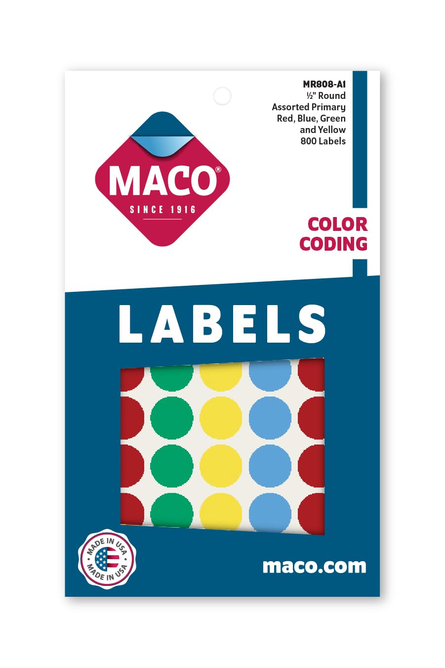 MACO Assorted Primary Round Color Coding Labels, 1/2 Inches in Diameter, 800 Per Box (MR808-A1)