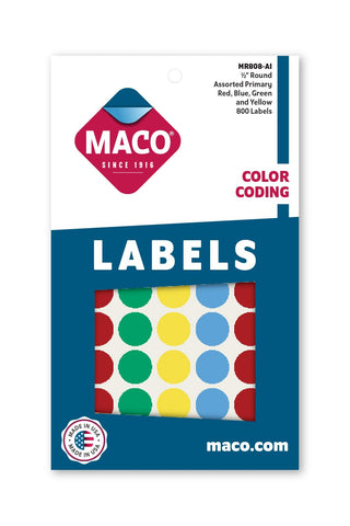 MACO Assorted Primary Round Color Coding Labels, 1/2 Inches in Diameter, 800 Per Box (MR808-A1)