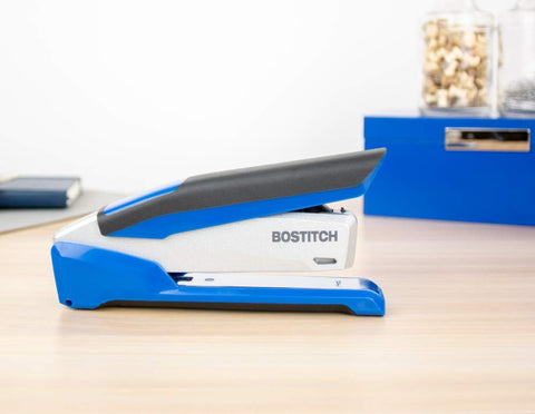 Bostitch Office InPower Spring-Powered Premium Desktop Stapler - One Finger, No Effort, Blue/Silver (1118)
