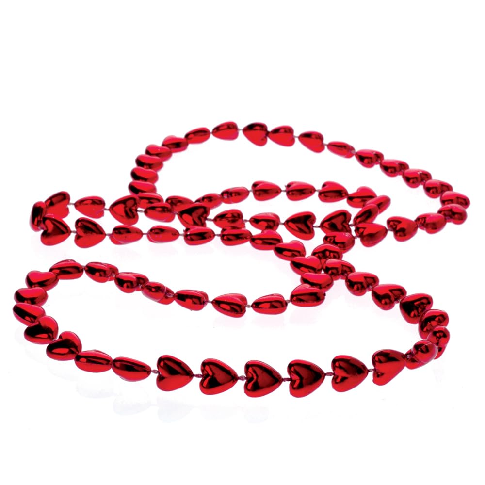 U.S. Toy Metallic Heart Bead Necklaces – 12 Pack of Red 33” Valentine Party Favors