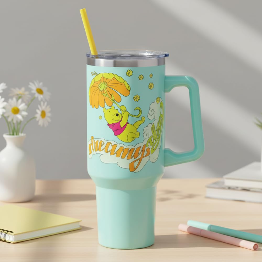 Silver Buffalo Disney Winnie the Pooh “Dreamy Days” Retro Art Double Walled Stainless Steel Tumbler with Handle and Straw, Fits in Standard Cup Holder, 40 Ounces