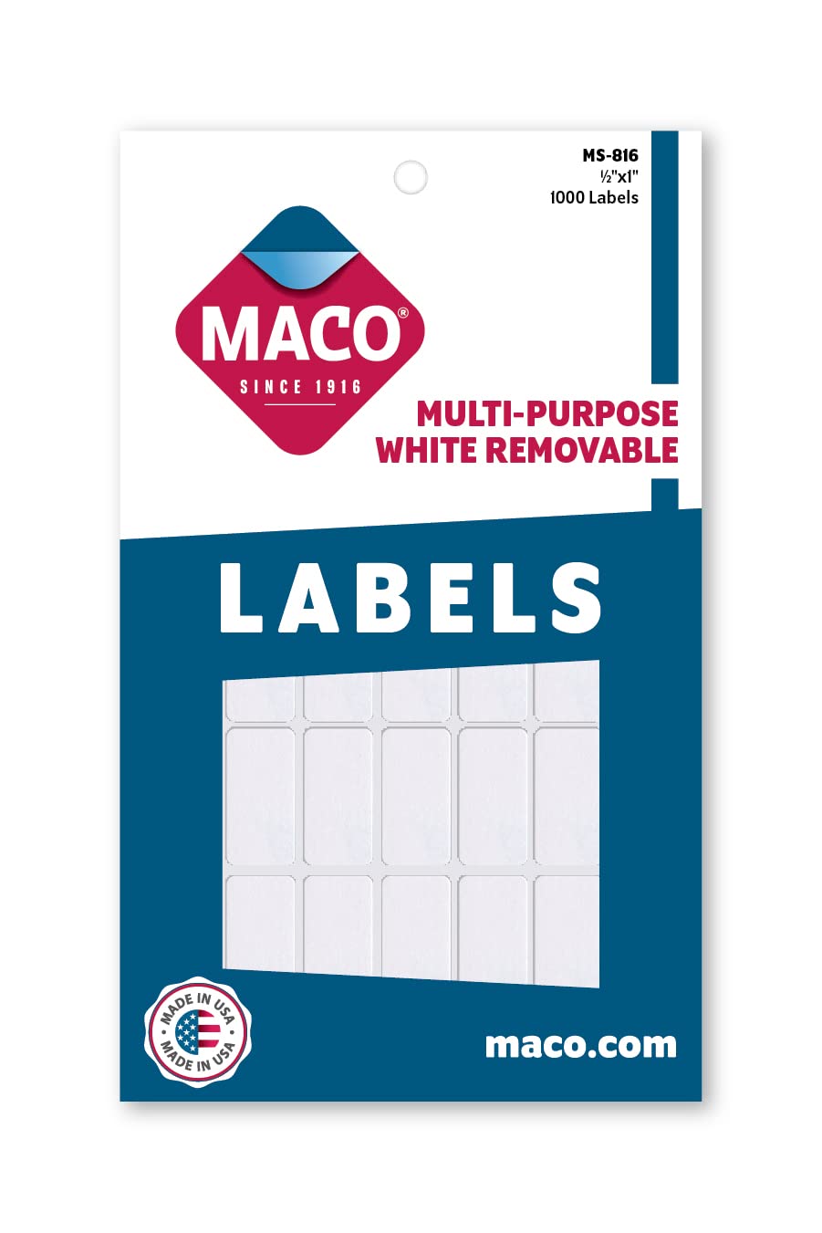 MACO White Rectangular Multi-Purpose Labels, 1/2 x 1 Inches, 1000 Per Box (MS-816)