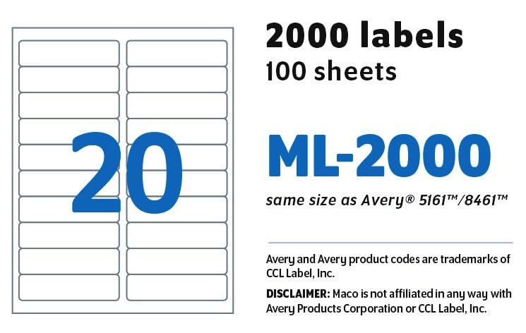 MACO COVER-ALL Printable Labels for Shipping - Laser/Ink Jet Compatible Shipping Labels, 20 per Sheet, 1" x 4", Box of 100 Pages/2000 Labels, White