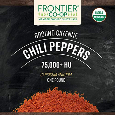 Frontier Co-op Organic Ground Cayenne Chili Peppers, 50,000 HU, Certified Organic, Kosher | 16 Ounce (Pack of 1)