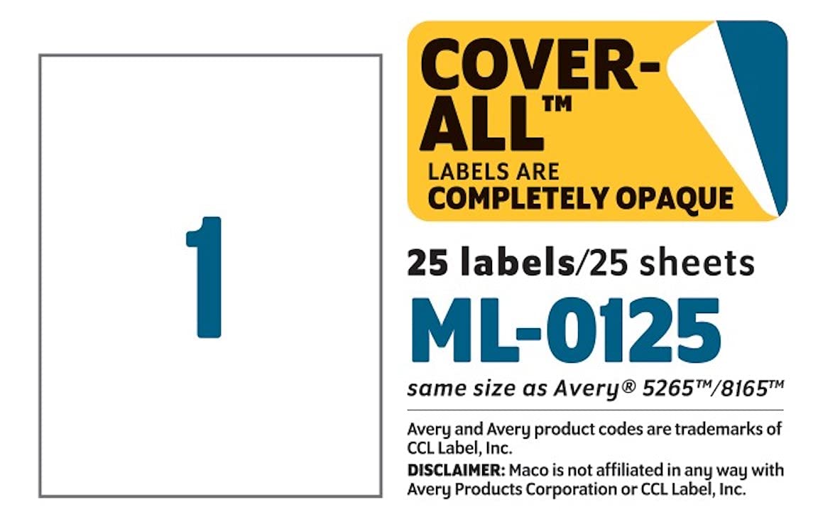 MACO Laser/Ink Jet White COVER-ALL Full Sheet Labels, 8-1/2" x 11", 1 per Sheet, 25 per Pack (ML-0125)