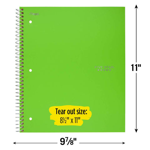 Five Star Spiral Notebook, 5 Subject, Wide Ruled Paper, 200 Sheets, 10-1/2" x 8", Lime (73204)