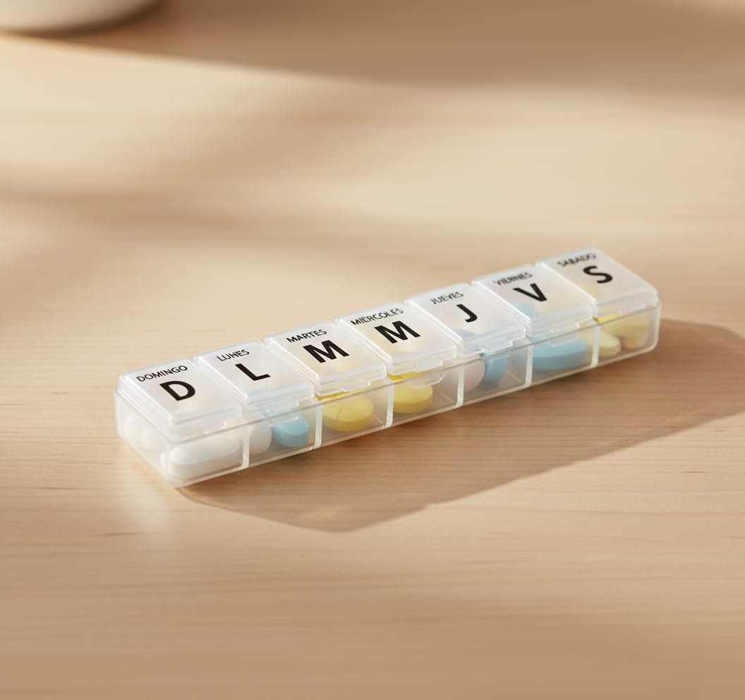 Pill Organizer 7 Day Weekly Pill Case – Large Pill Box with 7 Compartments – Holds Up to 100 Pills – Spanish Language Labels
