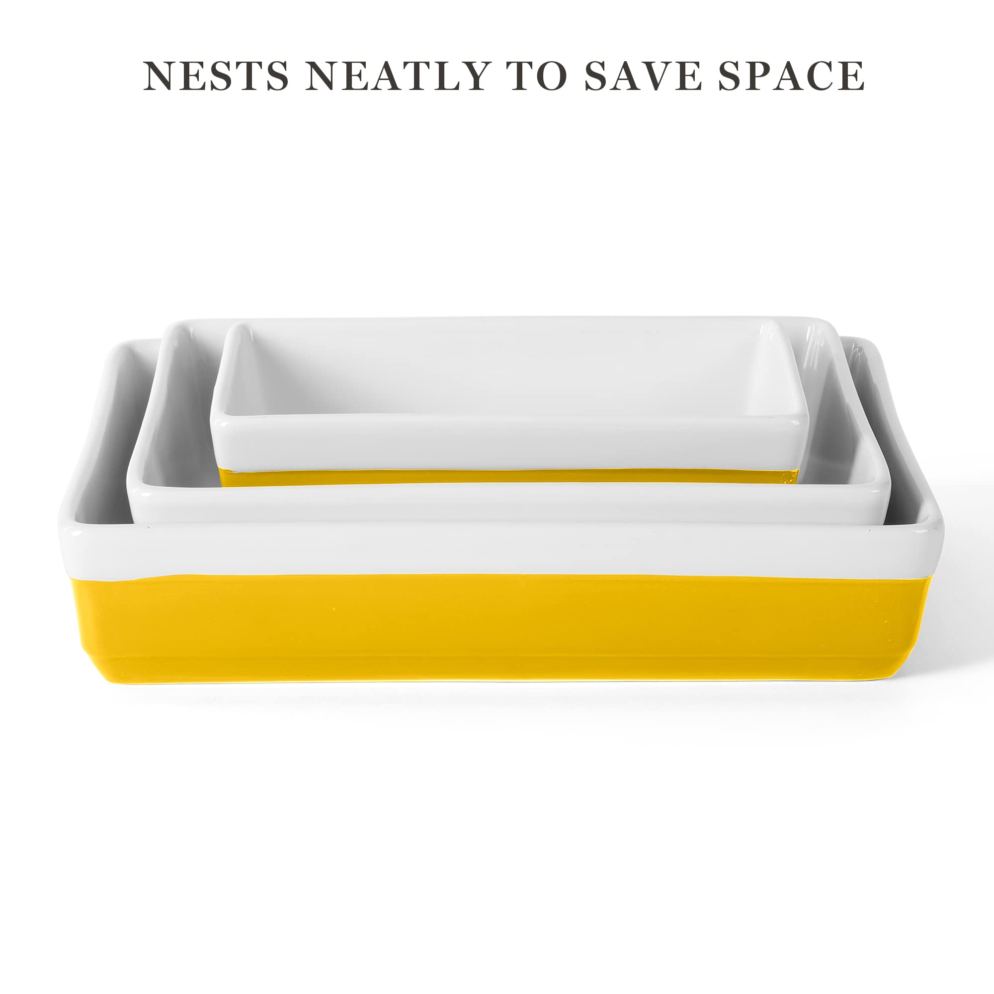 MARTHA STEWART 3-Piece Oven to Table Stoneware Bakeware Set – Baking Dish & Casserole Set – Yellow – Durable Oven-Safe Bakeware for Baking and Serving