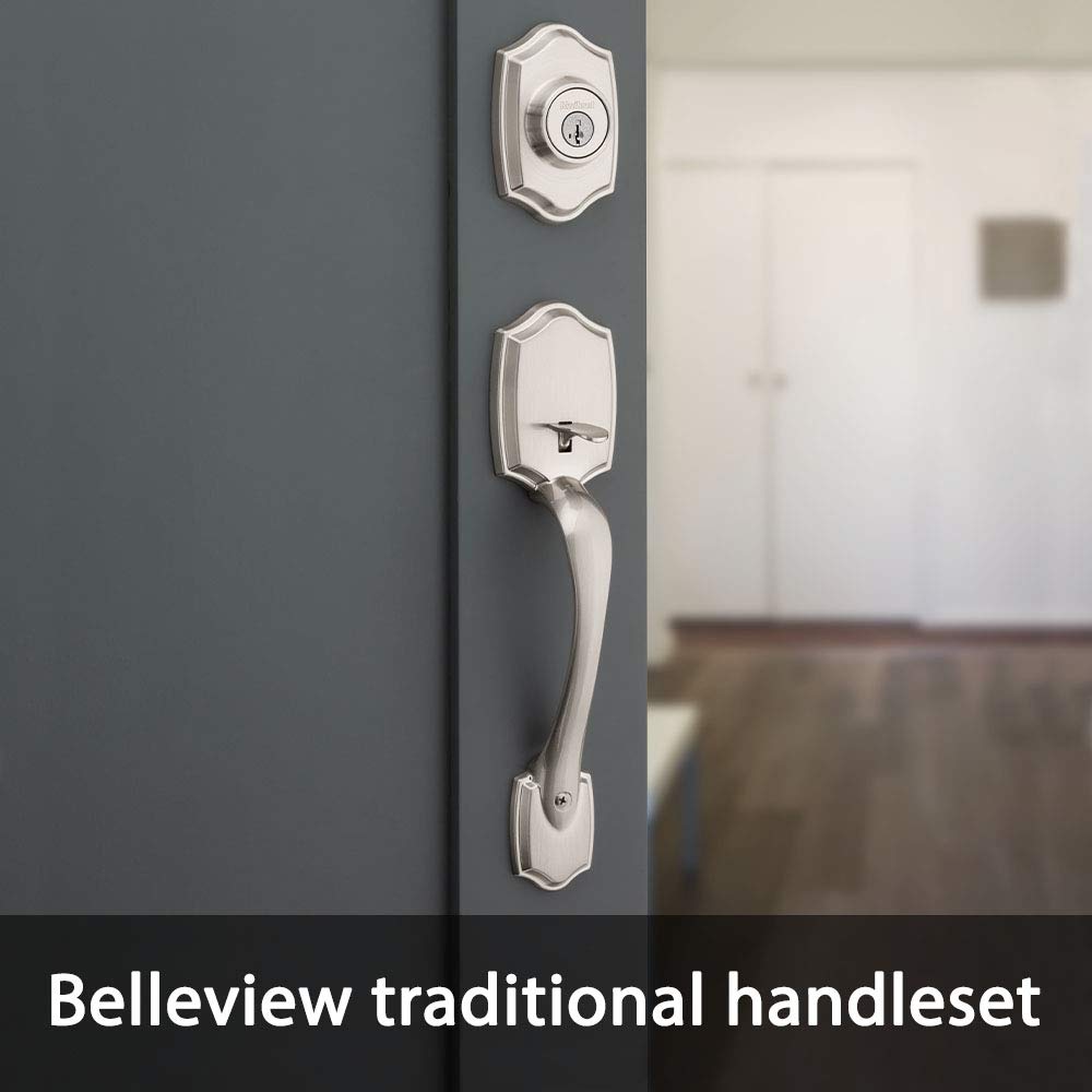 Kwikset Belleview Front Door Lock Handle and Deadbolt Set, Entry Handleset Exterior with Interior Door Knob, Satin Nickel, Pick Resistant SmartKey Rekey Deadbolt Security