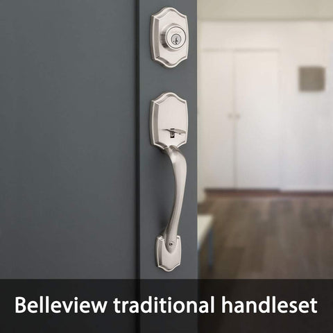 Kwikset Belleview Front Door Lock Handle and Deadbolt Set, Entry Handleset Exterior with Interior Door Knob, Satin Nickel, Pick Resistant SmartKey Rekey Deadbolt Security