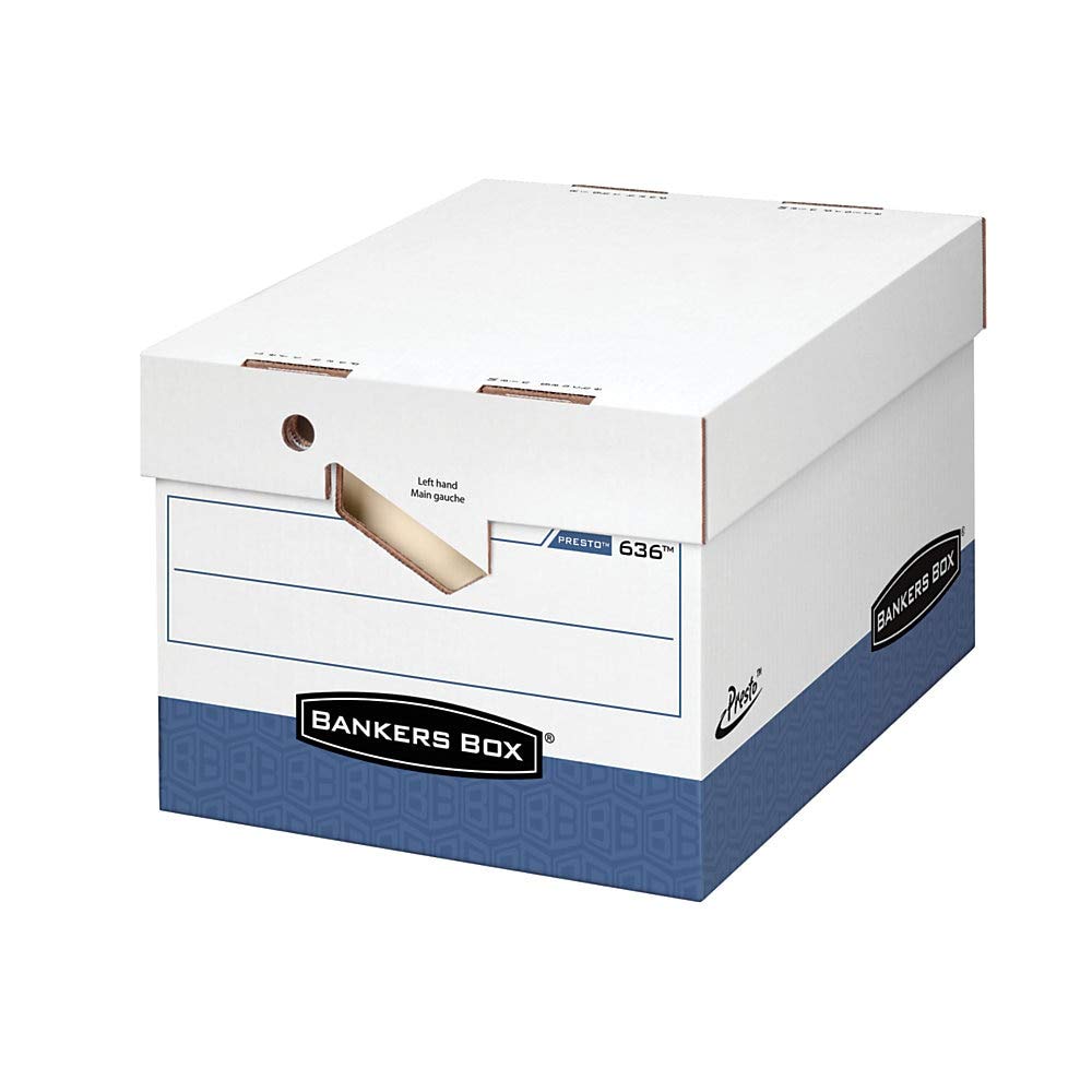 Bankers Box 12-Pack Presto Heavy Duty File Storage Boxes with Lids, Presto Assembly, Letter/Legal, (0063601)