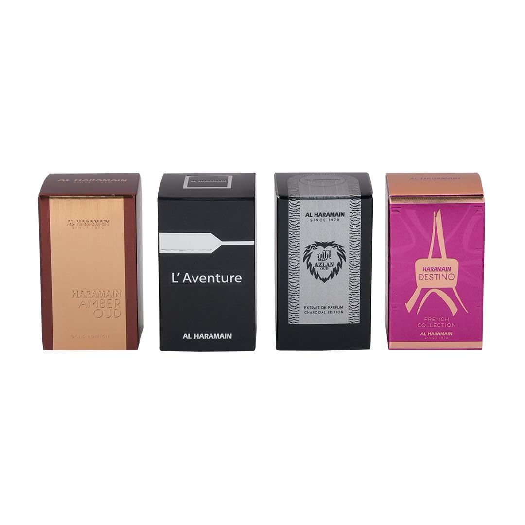 Al Haramain Fragrance Gift Set for Men & Women – 4×10ml each, (Amber Oud Gold Edition + L'aventure + Azlan Oud Charcoal Edition + Destino)