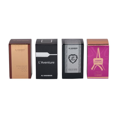Al Haramain Fragrance Gift Set for Men & Women – 4×10ml each, (Amber Oud Gold Edition + L'aventure + Azlan Oud Charcoal Edition + Destino)