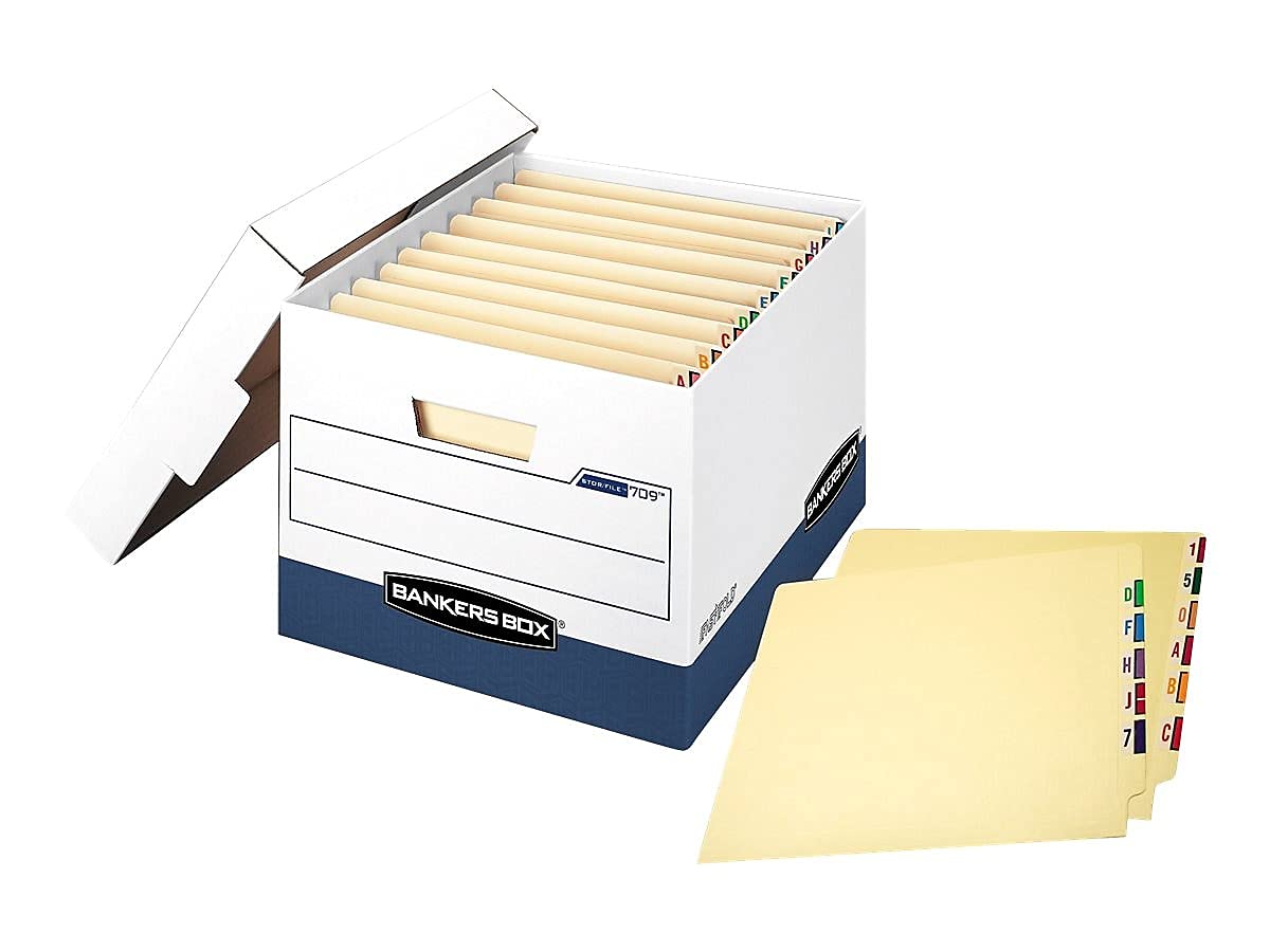 Bankers Box 12 Pack STOR/File End Tab Heavy-Duty File Storage Boxes, FastFold, Lift-Off Lid, White/Blue