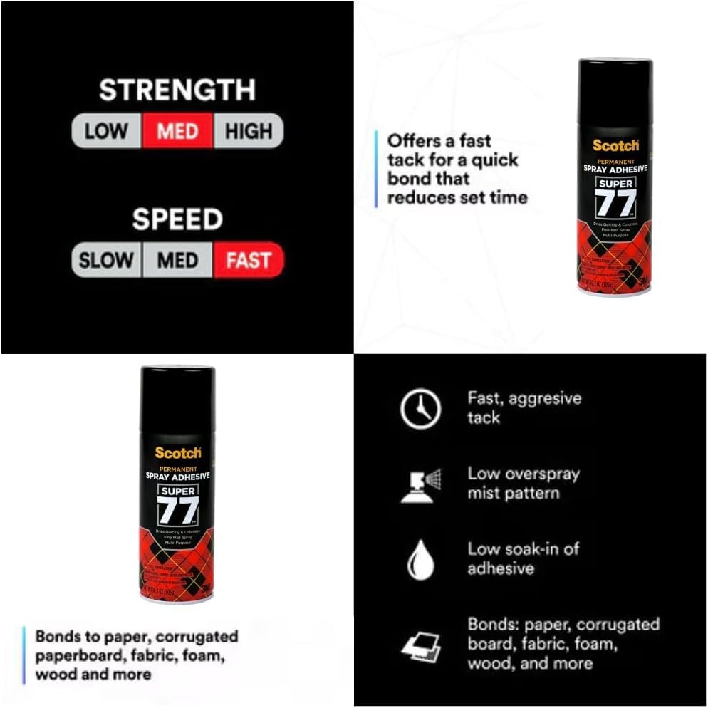 Scotch Super 77 Multipurpose Adhesive Spray, Bonds to Fabric, Cardboard, Plastic, Metal, Wood, Felt, and More, 10.7 Ounces (7716) - 1 Pack