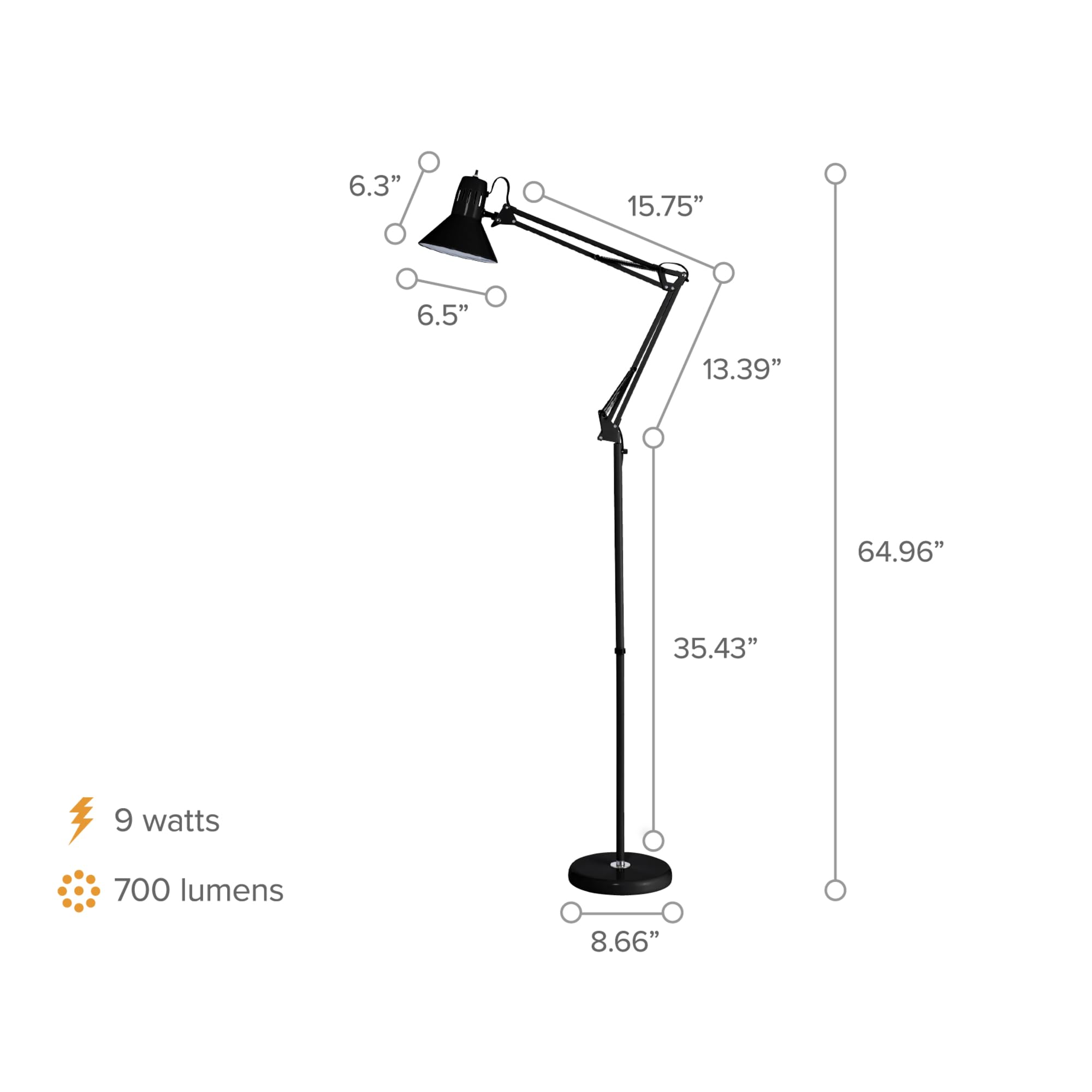 Bostitch Office VLF100F Swing Arm Metal Floor Lamp, 72" Tall with Multi-Joint Adjustment, Includes Replaceable LED Bulb (VLF), Black