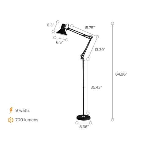 Bostitch Office VLF100F Swing Arm Metal Floor Lamp, 72" Tall with Multi-Joint Adjustment, Includes Replaceable LED Bulb (VLF), Black