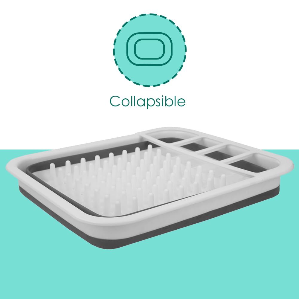 Home Basics Silicone and Plastic Easy Storage Collapsible Dish Rack and Cutlery Holder White