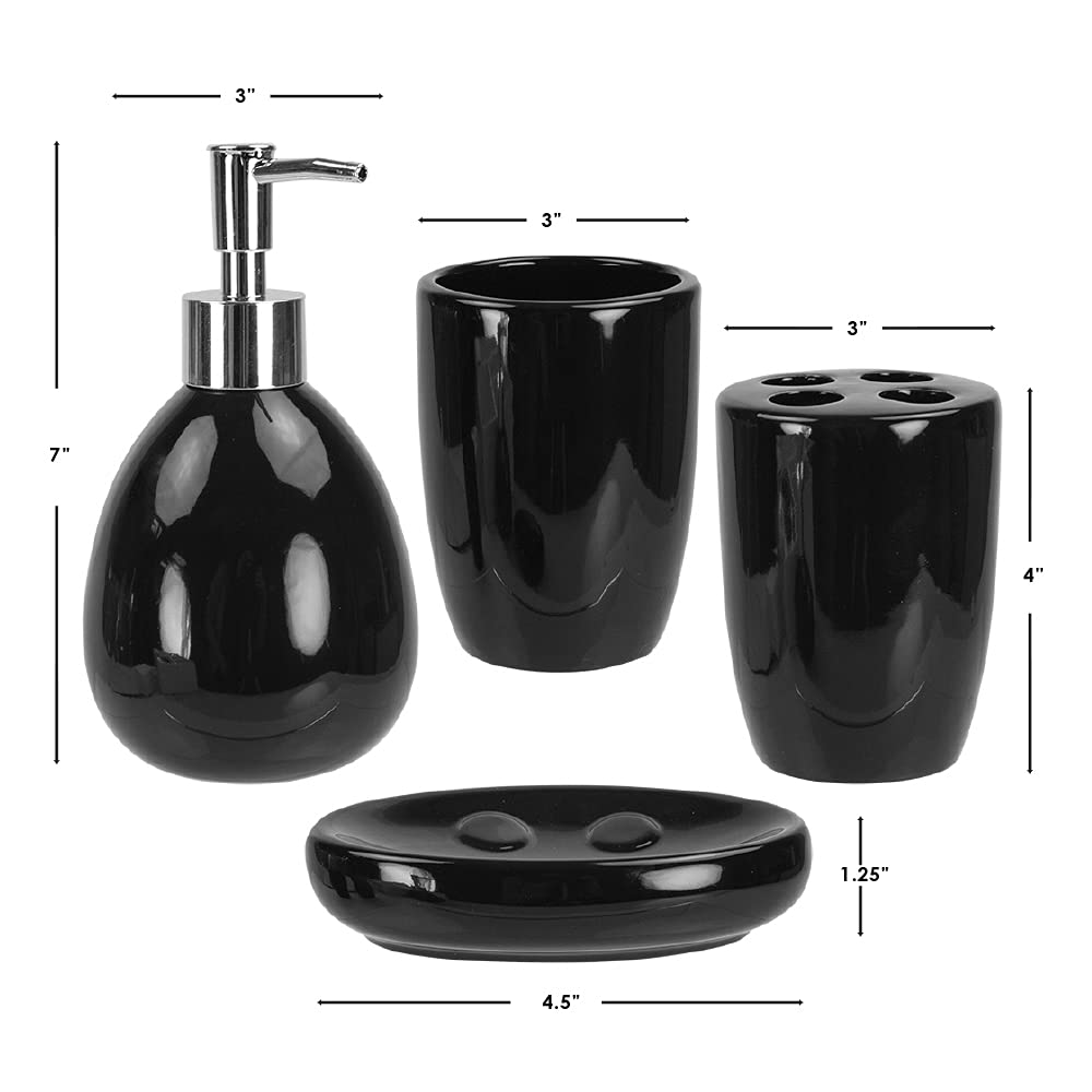 4-Piece Ceramic Bathroom Set (Black), By Home Basics | Contemporary Design Bathroom Accessory Sets | Accessories For Bathroom | Includes Soap Dish, Tumbler, Toothbrush Holder, and Lotion Dispenser