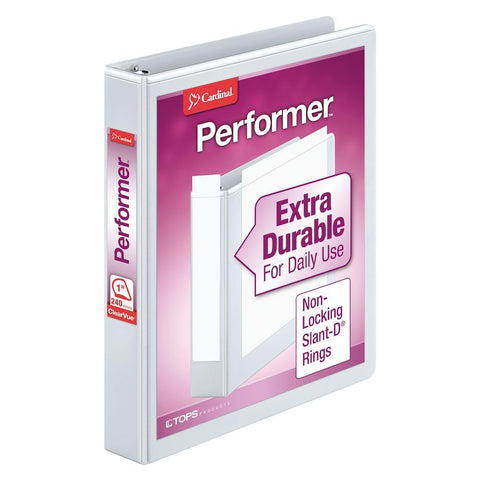 Cardinal Performer 3-Ring Binder, 1", Non-Locking Slant-D Rings, 240-Sheet Capacity, ClearVue Presentation Binder, Nonstick, PVC-Free, White (17200CB)