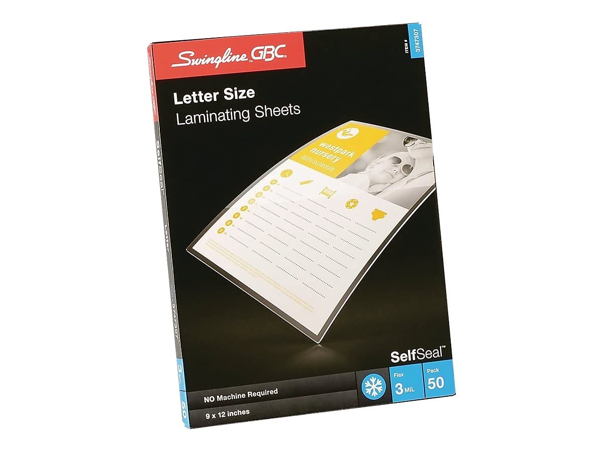 GBC Swingline Laminating Sheets, Self Adhesive Pouches, Letter Size, Glossy, 3 Mil, Self Seal, 50 Pack (3747307)