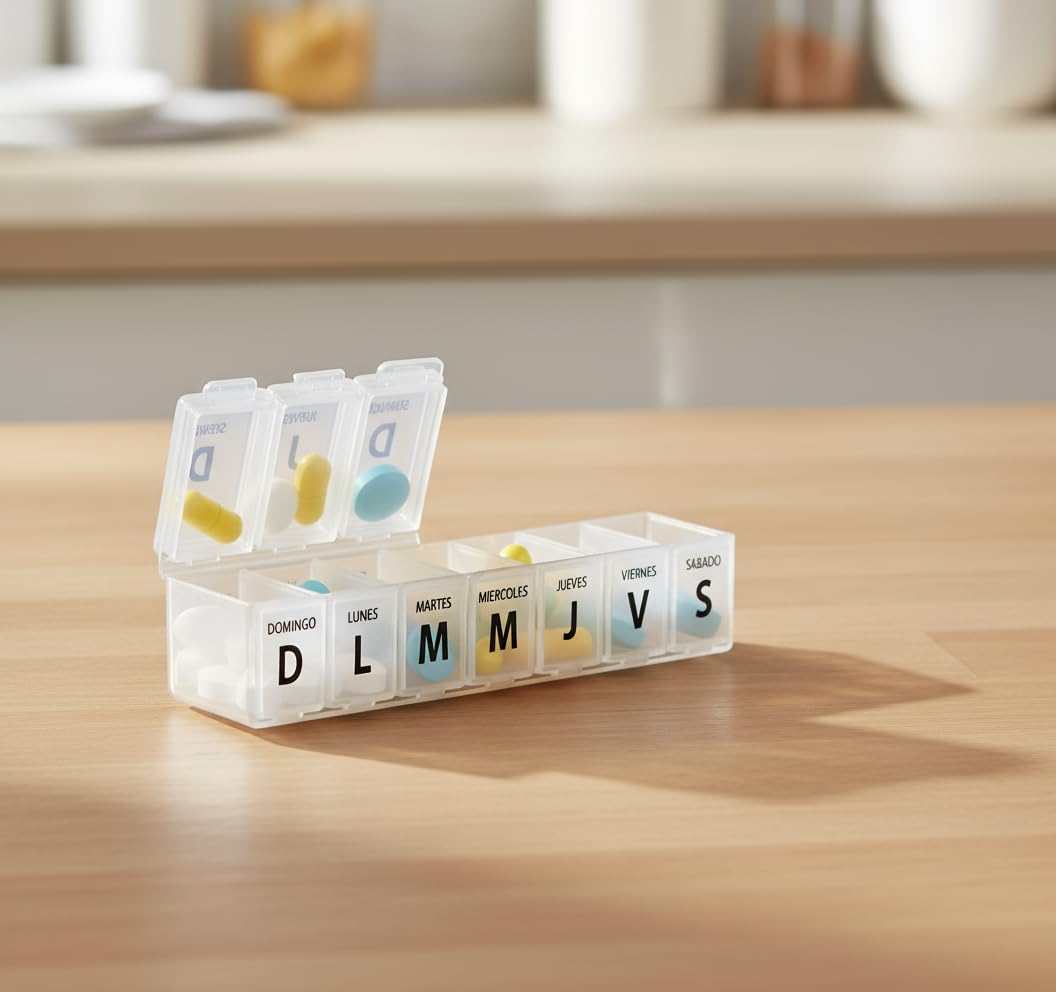 Pill Organizer 7 Day Weekly Pill Case – Large Pill Box with 7 Compartments – Holds Up to 100 Pills – Spanish Language Labels