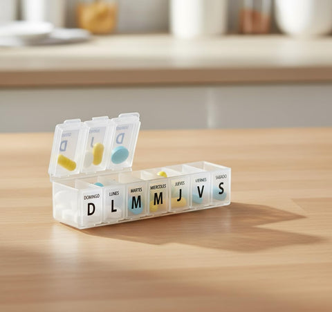 Pill Organizer 7 Day Weekly Pill Case – Large Pill Box with 7 Compartments – Holds Up to 100 Pills – Spanish Language Labels